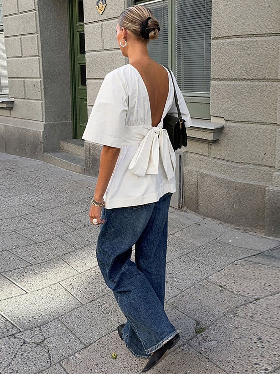 Chemisier plissé à taille élastique, taille haute, à empiècements, à taille nouée, à col rond, couleur unie