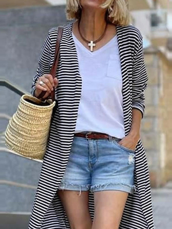 Manteaux cardigan sans col rayés de couleur contrastée à manches longues