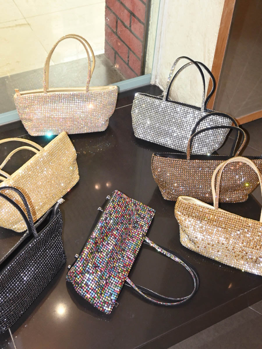 Sac besace à fermeture éclair, à strass, couleur unie