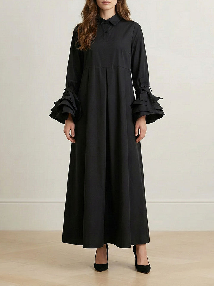 Robe chemise plissée à manches évasées, à empiècements, à col revers, couleur unie