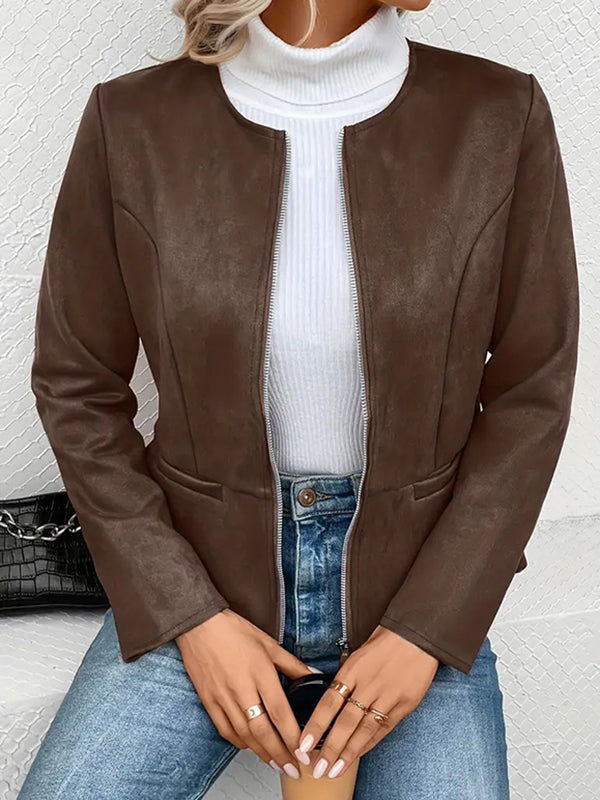 Veste ample à manches longues, à poches, à empiècements, à fermeture éclair, à col rond, couleur unie