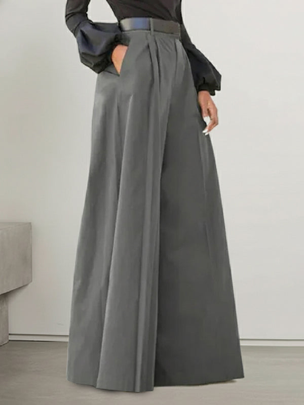 Pantalon ample plissé taille haute, à empiècements, couleur unie