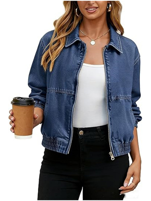 Veste courte à fermeture éclair, à empiècements, à poches, à taille élastique, à manches longues, à col revers, couleur unie