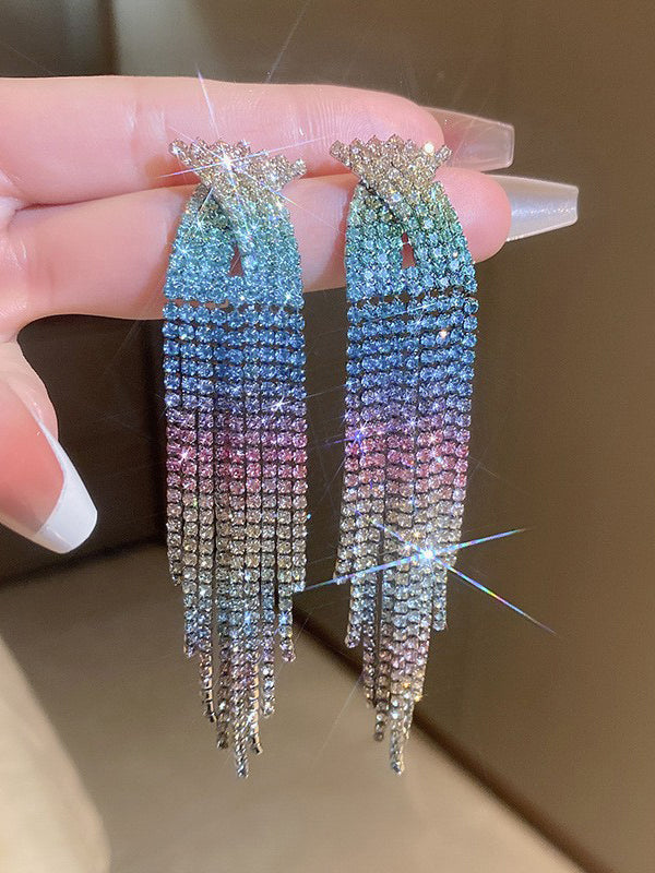Boucles d'oreilles pendantes ajourées en dégradé, à strass, à pompons