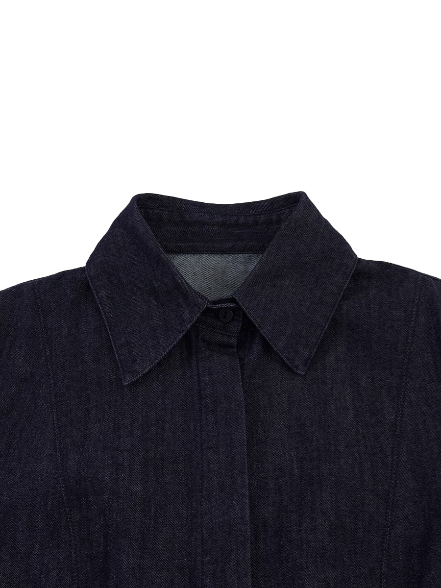 Chemisier plissé boutonné à manches longues, à col revers, couleur unie