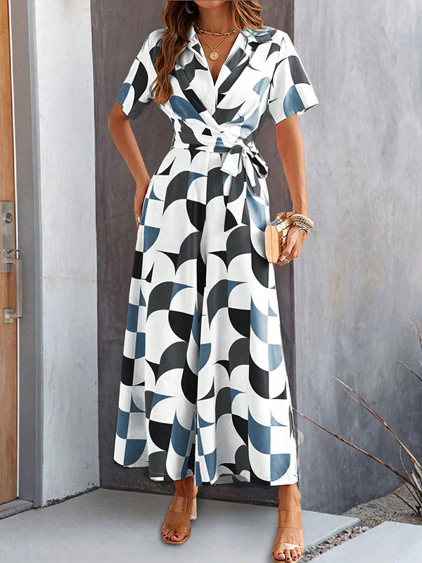Combinaison ample boutonnée taille haute, à taille nouée, à col en V, couleur contrastée