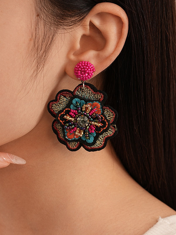 Boucles d'oreilles perlées en forme de fleur, à empiècements