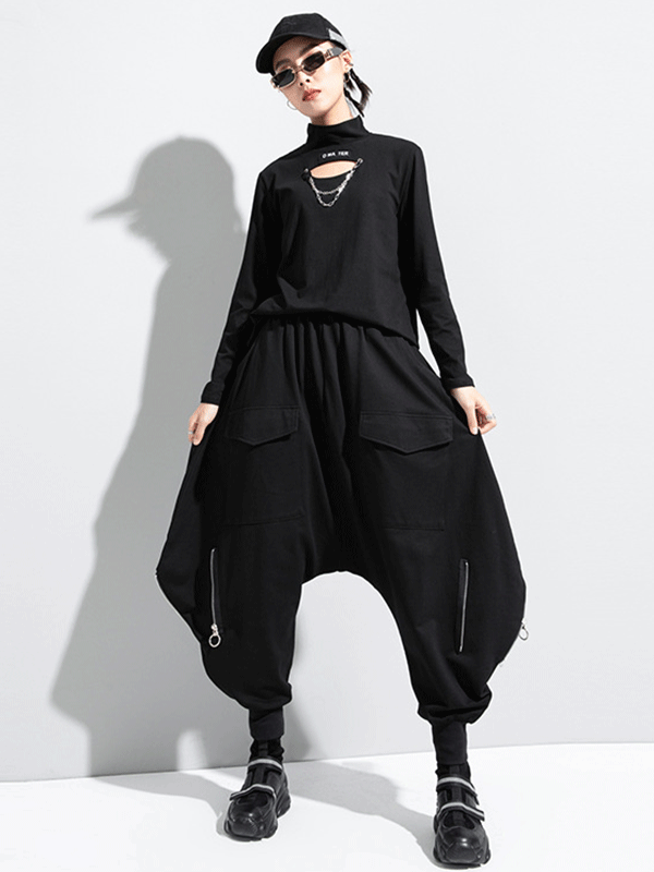 Pantalon sarouel uni ample simple avec fermeture éclair