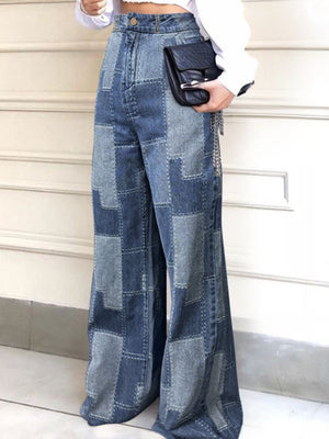 Jean ample boutonné à jambes larges, à carreaux, à poches, à empiècements