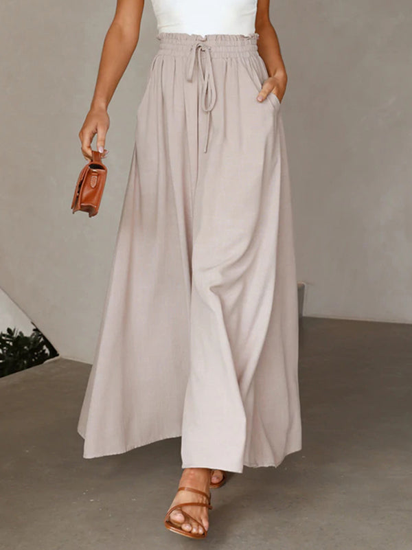 Pantalon ample plissé taille haute, à cordon de serrage, à taille élastique, à poches, couleur unie