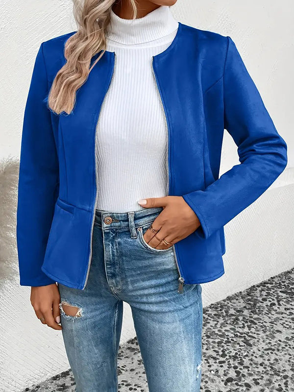 Veste ample à manches longues, à poches, à empiècements, à fermeture éclair, à col rond, couleur unie