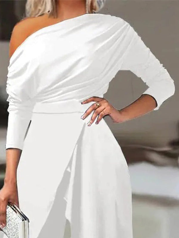 Ensemble deux pièces asymétrique à une épaule, à manches longues, taille haute, à jambes larges, couleur unie – t-shirt + pantalon