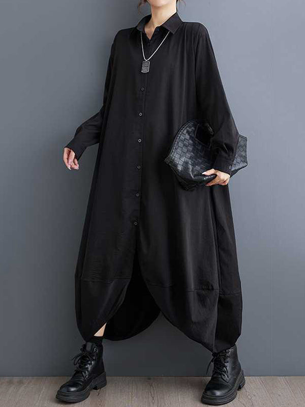 Robe chemise boutonnée coupe trapèze, à manches longues, à poches, à empiècements, à col revers, couleur unie