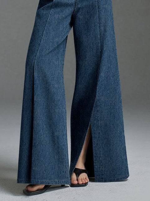 Pantalon fendu devant à jambes larges, sans ceinture, couleur unie