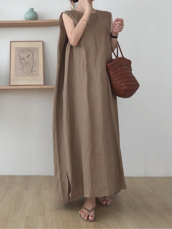 Robe mi-longue décontractée simple fendue sur le côté à col rond, sans manches, couleur unie