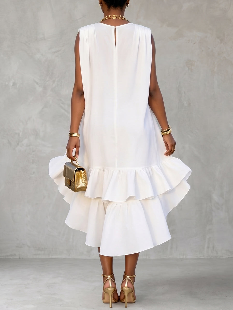 Robe courte ample plissée volantée à ourlet plongeant, à décolleté en V profond, couleur unie
