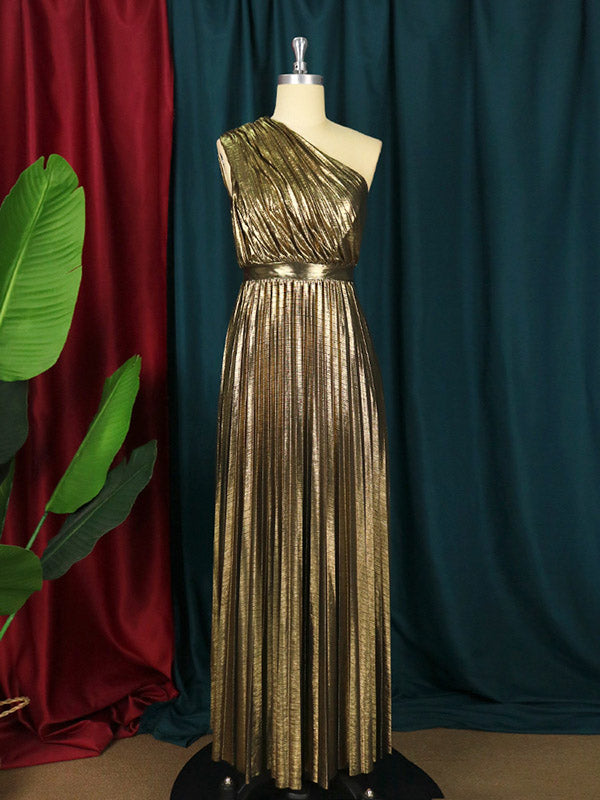 Robe longue ample asymétrique plissée brillante taille haute, asymétrique à une épaule, couleur unie