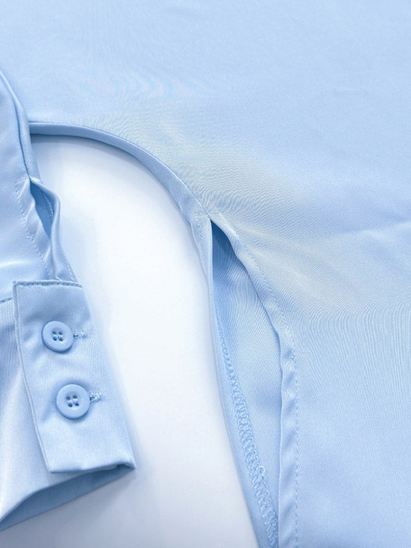 Ensemble deux pièces ample à empiècements, à col bateau, à manches longues, couleur unie – chemisier + chemise + jupe