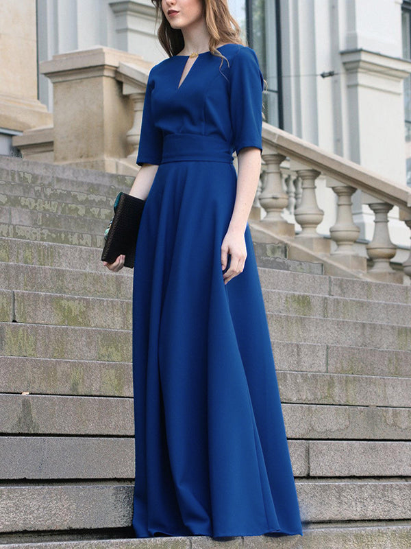 Robe longue à manches mi-longues, taille haute, à taille nouée, à col en V, couleur unie