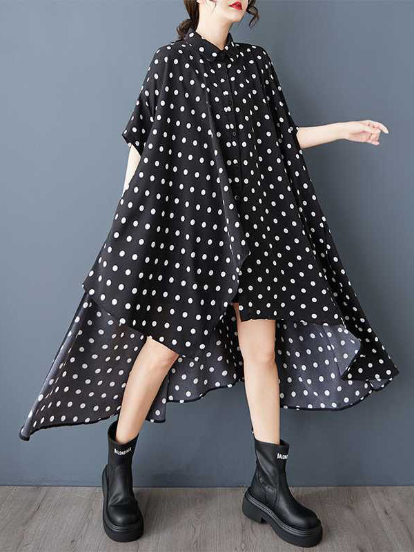 Robe chemise asymétrique boutonnée coupe trapèze, à ourlet plongeant, à pois, à col revers