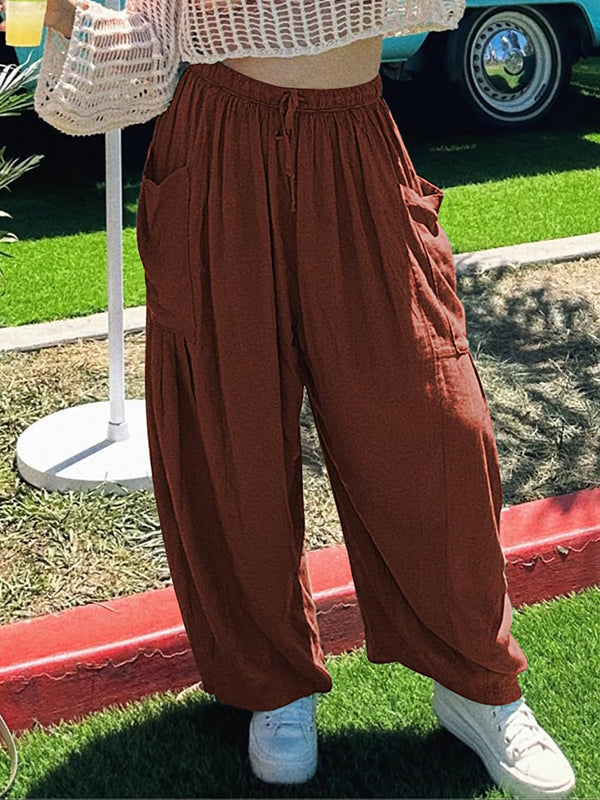 Pantalon ample plissé taille haute, à cordon de serrage, à taille élastique, à poches, couleur unie