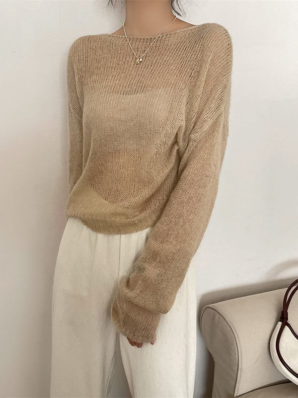 Pull fin tricoté en Mohair doux, manches longues, couleur unie, hauts fins