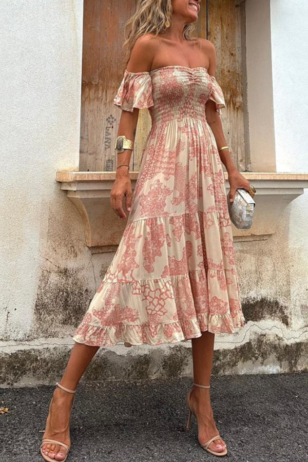 Robe midi avec décolleté épaule et imprimé romantique – Pitaya
