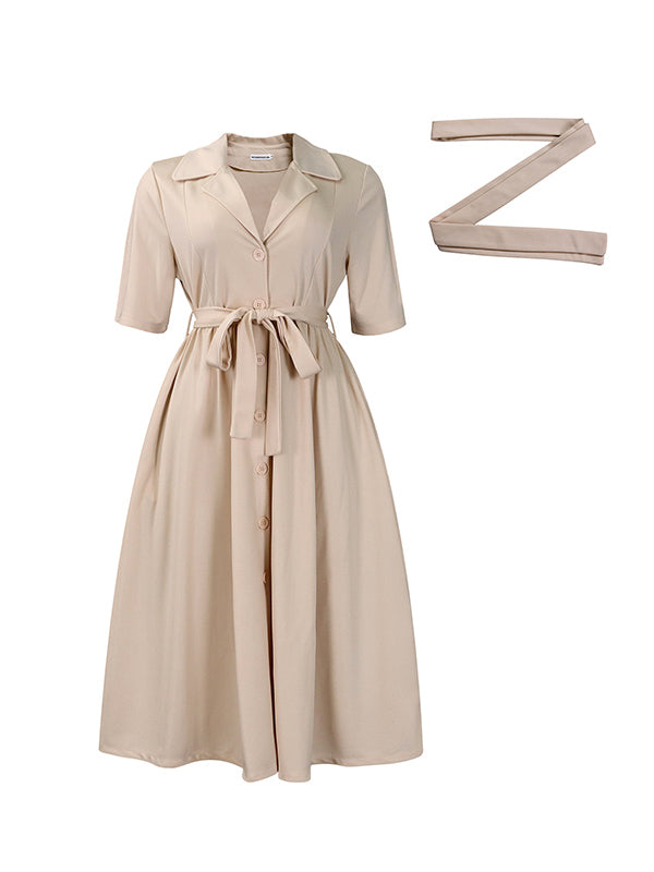 Robe mi-longue ample plissée coupe trapèze, à poches, à taille nouée, à col cranté, couleur unie