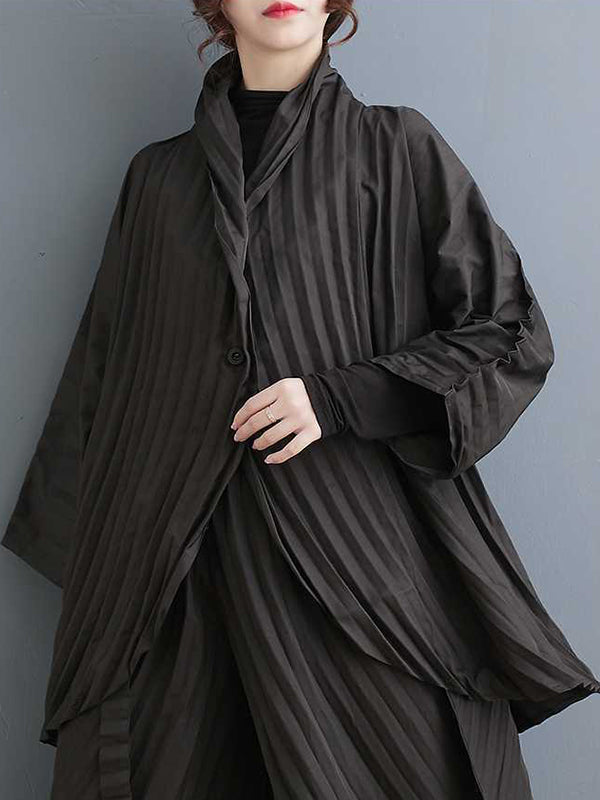 Ensemble deux pièces ample boutonné plissé à manches longues, à col montant, couleur unie – chemise + haut + pantalon