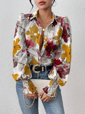 Chemisier ample boutonné plissé à manches longues, à taille élastique, à imprimé floral, à col revers