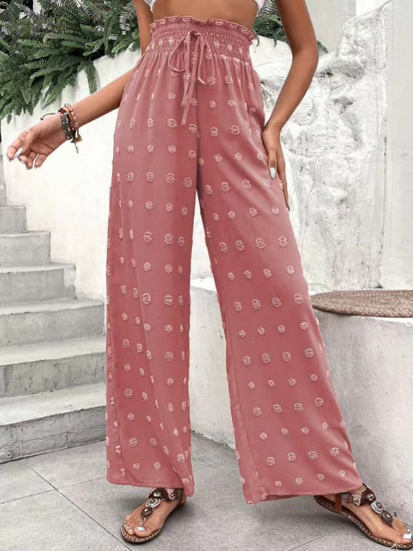 Pantalon ample taille haute, à cordon de serrage, à taille élastique, en jacquard, couleur unie