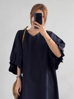 Robe mi-longue Plissée à Manches Raglan et Col en V de Grande Taille