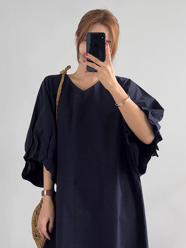 Robe mi-longue Plissée à Manches Raglan et Col en V de Grande Taille