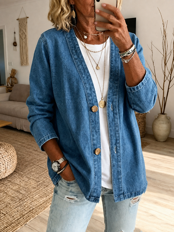 Veste en jean boutonnée à manches longues, grande taille, sans col, couleur unie