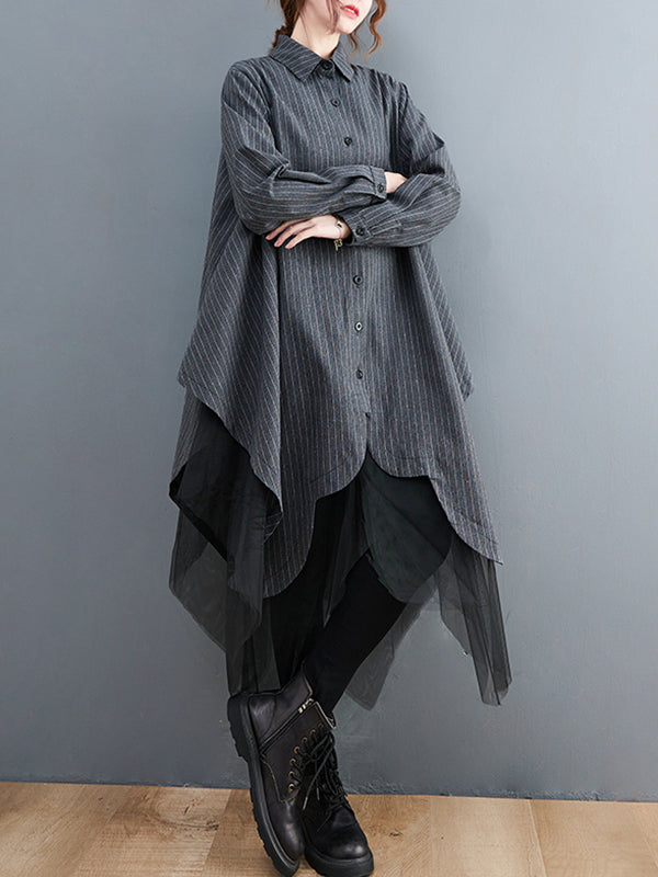 Robe ample rayée longue en gaze, à empiècements, à col revers