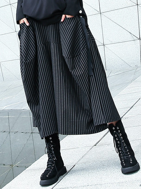 Pantalon jupe-culotte rayé taille haute avec poches élastiques amples