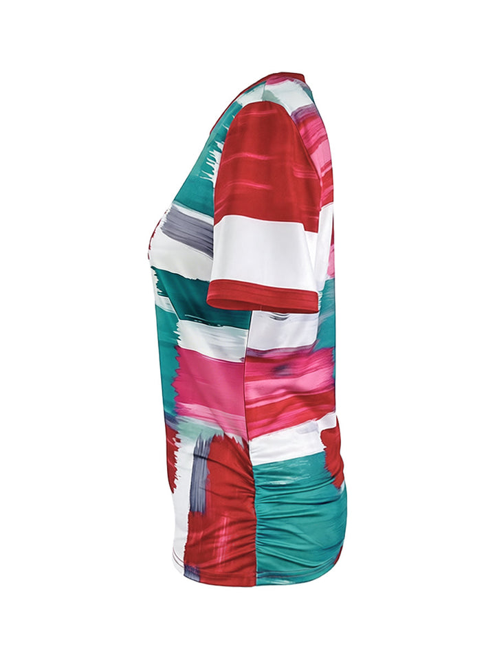T-shirt imprimé à manches courtes, coupe près du corps, à carreaux, à col rond, couleur contrastée