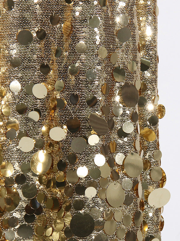 Jupe brillante coupe trapèze, taille haute, à sequins