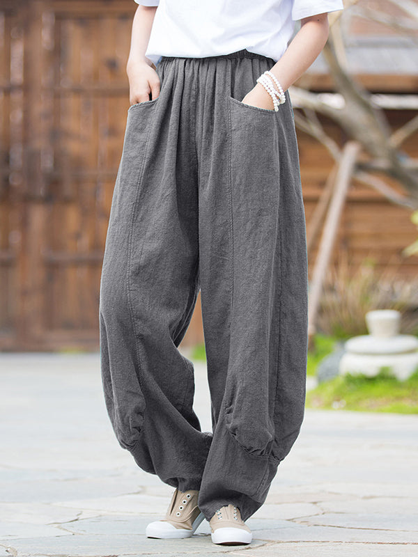 Pantalon en lin décontracté à jambes larges, taille haute, couleur unie, 7 couleurs