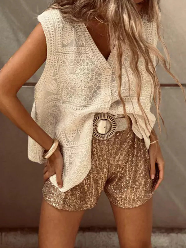 Débardeur ample sans manches boutonné au crochet brodé à col en V