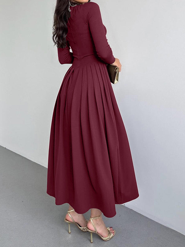 Robe longue moulante asymétrique plissée coupe trapèze, à empiècements, asymétrique à une épaule, couleur unie