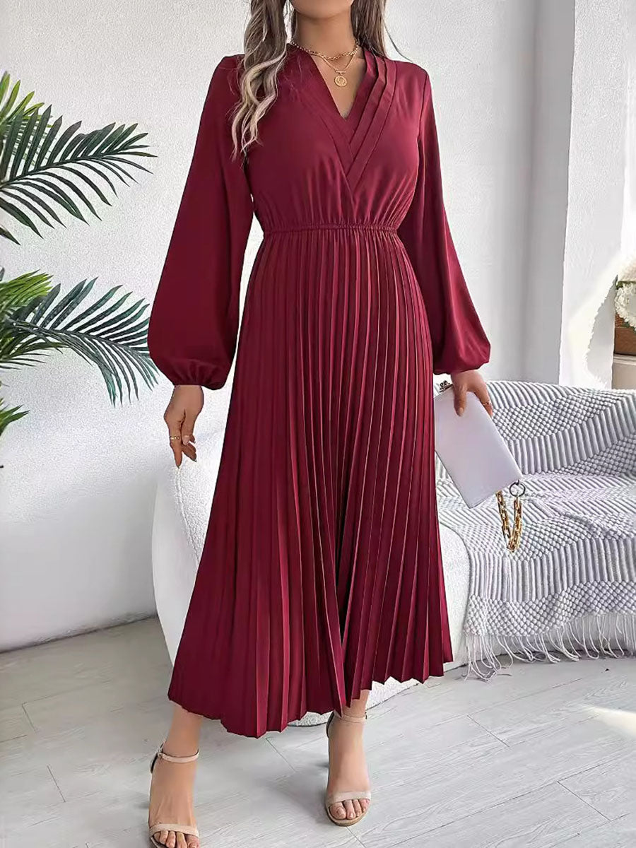 Robe longue plissée coupe trapèze, taille haute, à taille élastique, à col en V, couleur unie