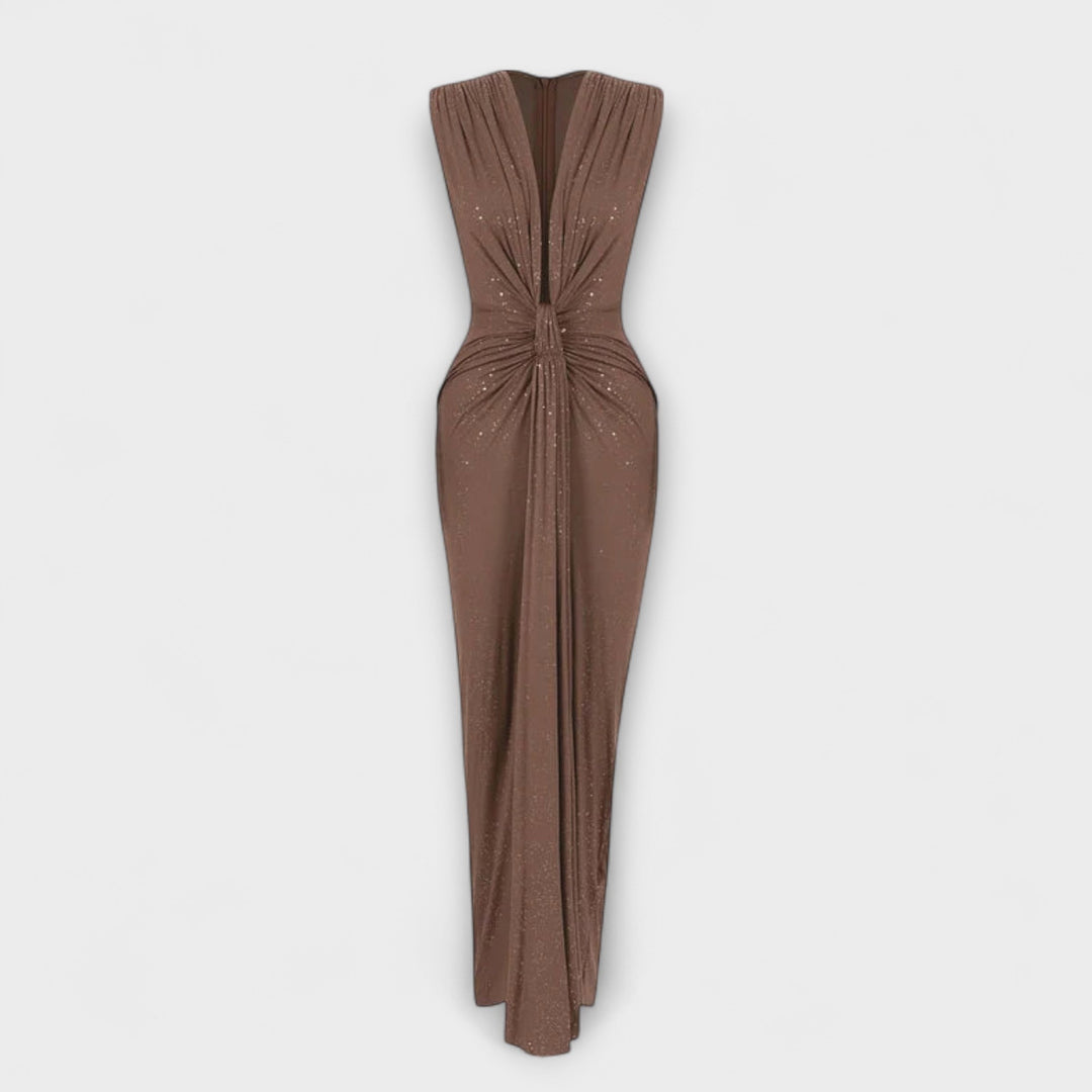 "Thea - Robe maxi avec décolleté en V profond" pourrait être réécrit comme "Thea - Élégante robe maxi avec un décolleté en V séduisant".