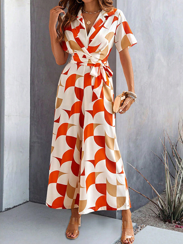 Combinaison ample boutonnée taille haute, à taille nouée, à col en V, couleur contrastée