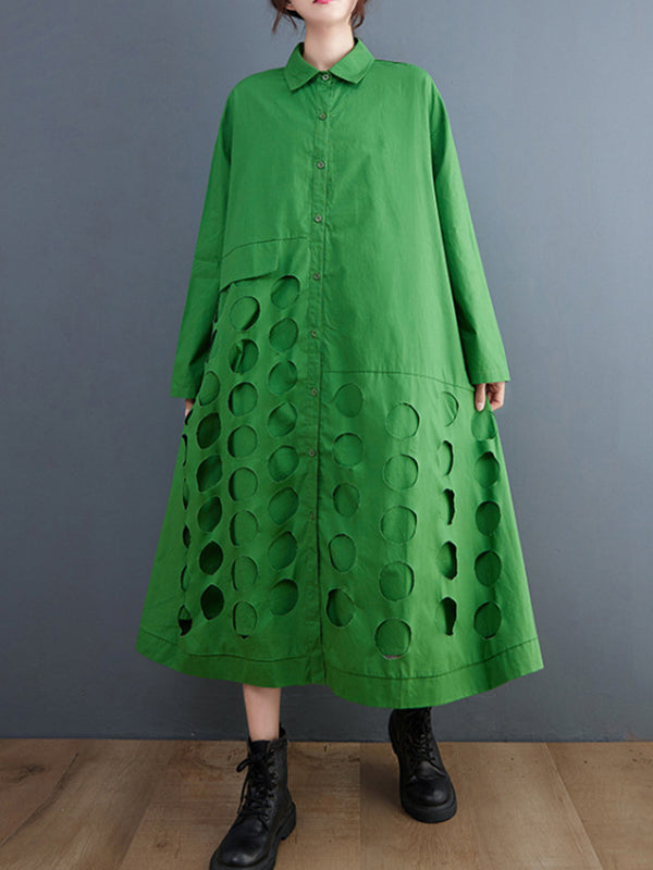 Robe mi-longue asymétrique ajourée coupe trapèze, à manches longues, à pois, à col revers, couleur unie