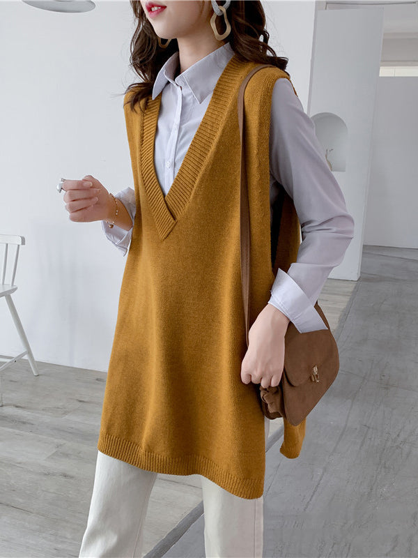 Gilet tricoté sans manches à la mode, fendu sur le côté, couleur unie, col en V