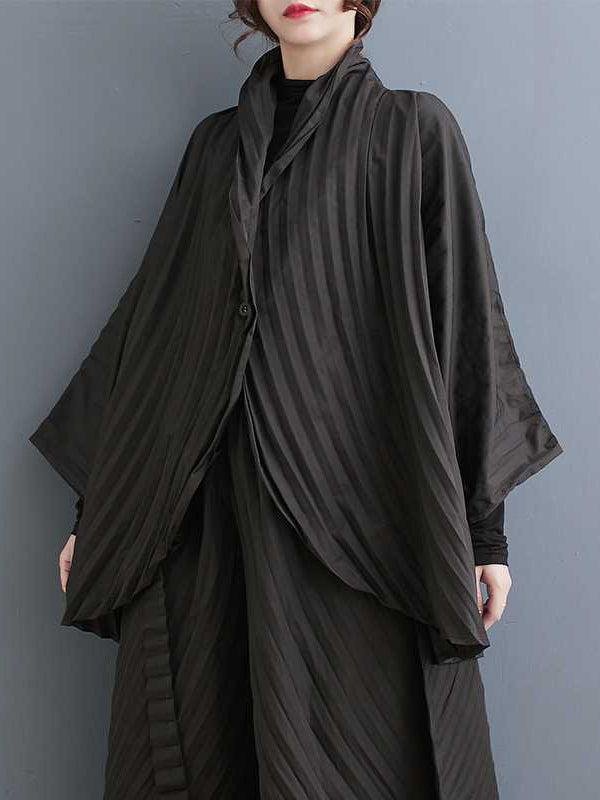 Ensemble deux pièces ample boutonné plissé à manches longues, à col montant, couleur unie – chemise + haut + pantalon
