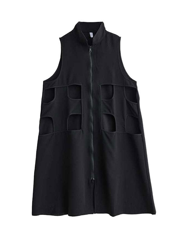 Robe mi-longue ample ajourée sans manches, à fermeture éclair, à col revers, couleur unie
