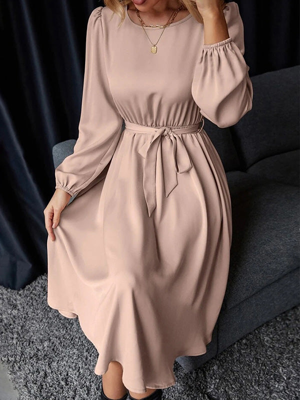 Robe mi-longue ample plissée à manches bouffantes, à taille élastique, à empiècements, à taille nouée, à col rond, couleur unie