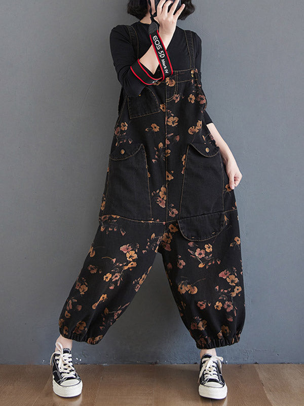 Salopette en denim sarouel originale à fleurs avec poches